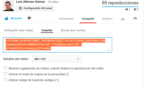 Codigo de incrustar vídeo de Youtube